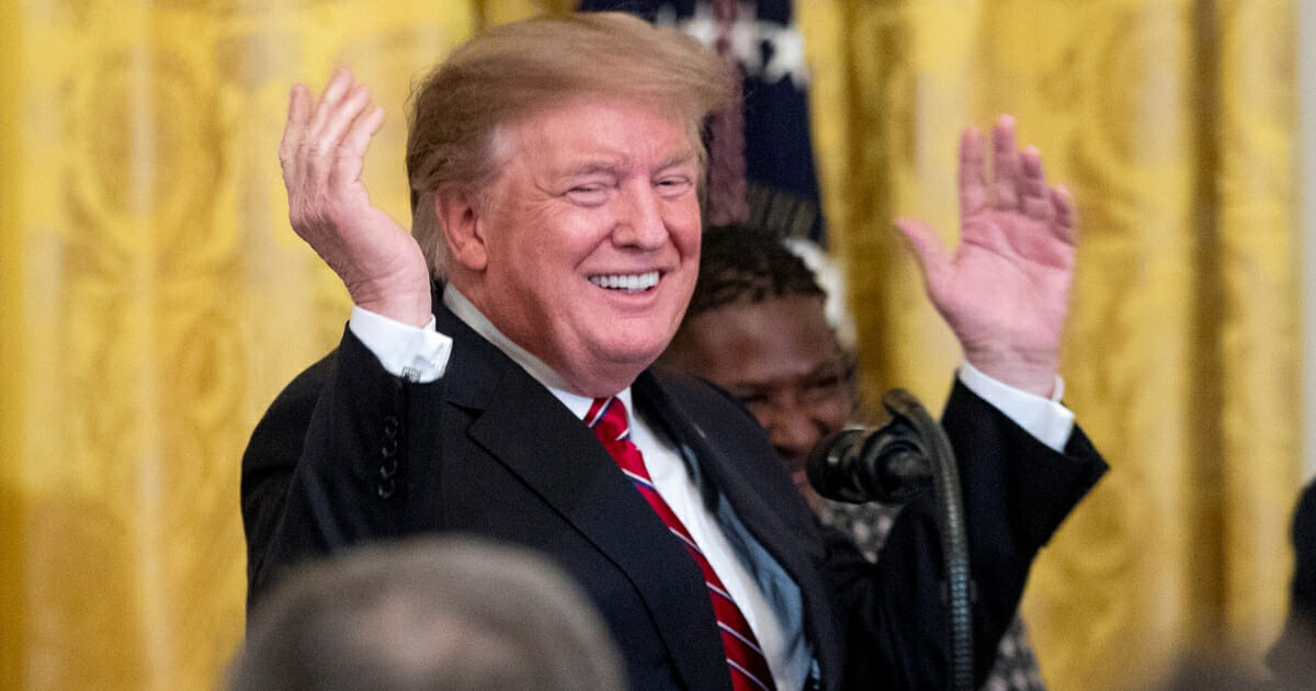 President Donald Trump gestures in the East Room of the White House on April 1, 2019, in Washington, D.C.