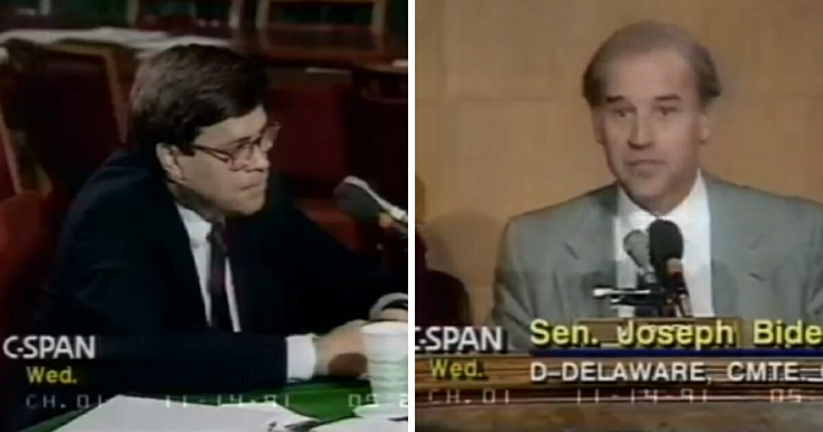 Now-Attorney General William Barr, left, and then-Sen. Joe Biden, from a 1991 video.