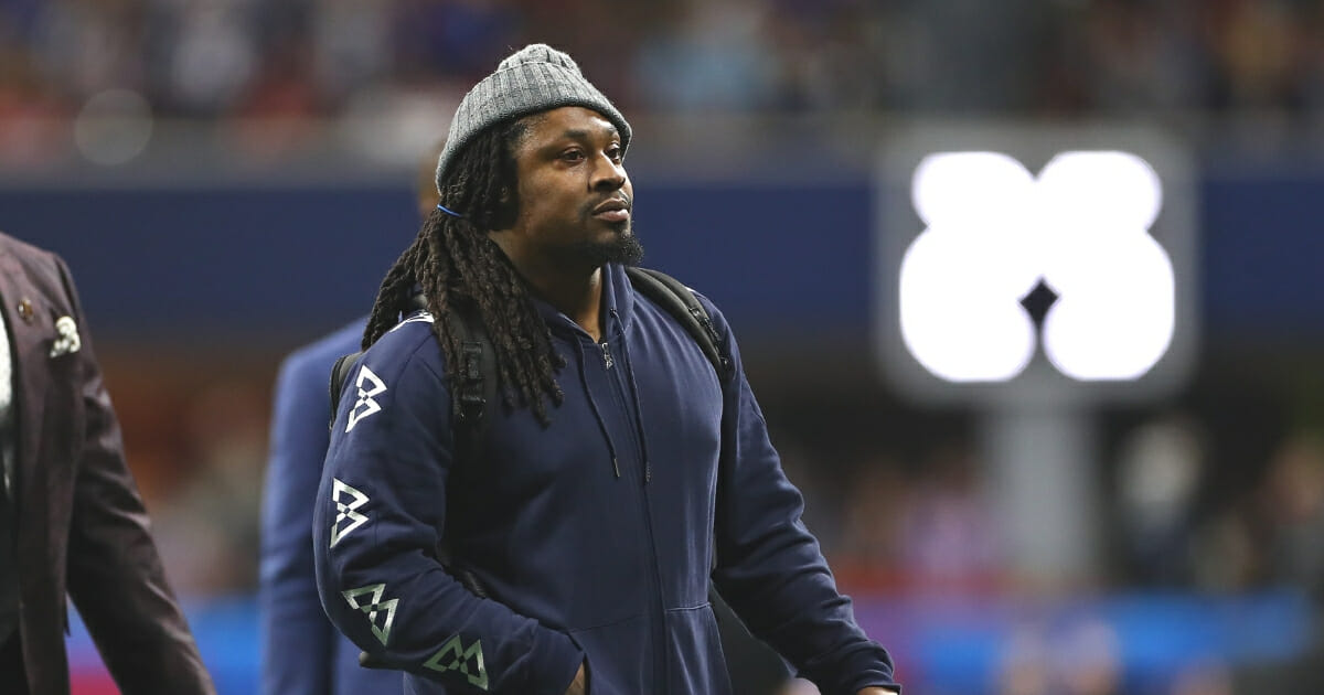 Oakland Raiders running back Marshawn Lynch is pictured in a file photo arriving for Super Bowl LIII between the New England Patriots and Los Angeles Rams in Atlanta in February.