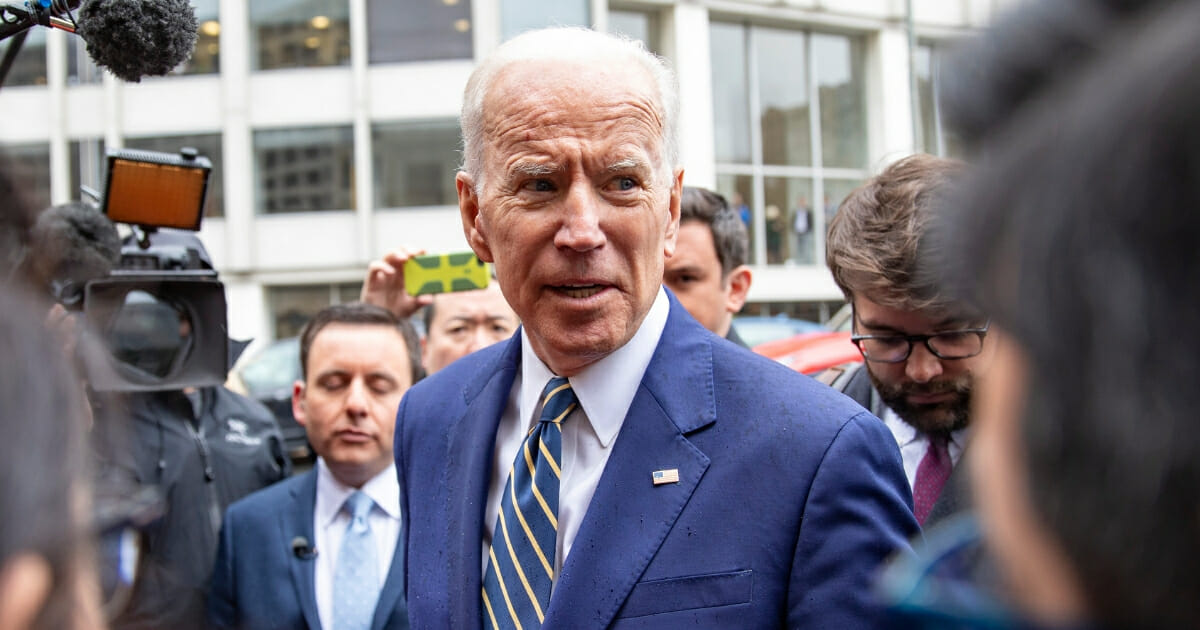 Former Vice President Joe Biden speaks to reporters outside the International Brotherhood of Electrical Workers conference in Washington earlier this month.