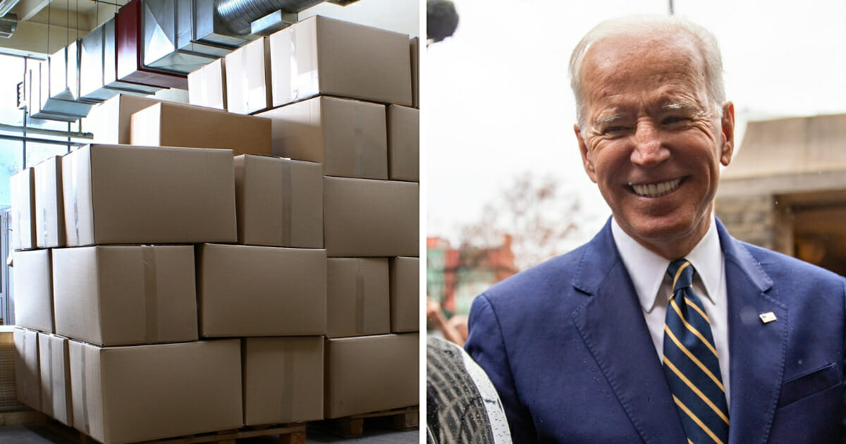 Stacked sealed boxes, left; former Vice President Joe Biden, right.