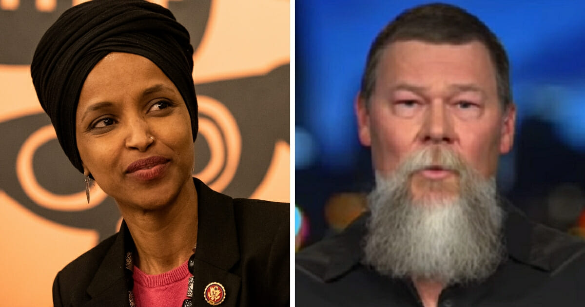 U.S. Rep. Ilhan Omar, left; and retired Army Sgt. Maj. Kyle Lamb, right.