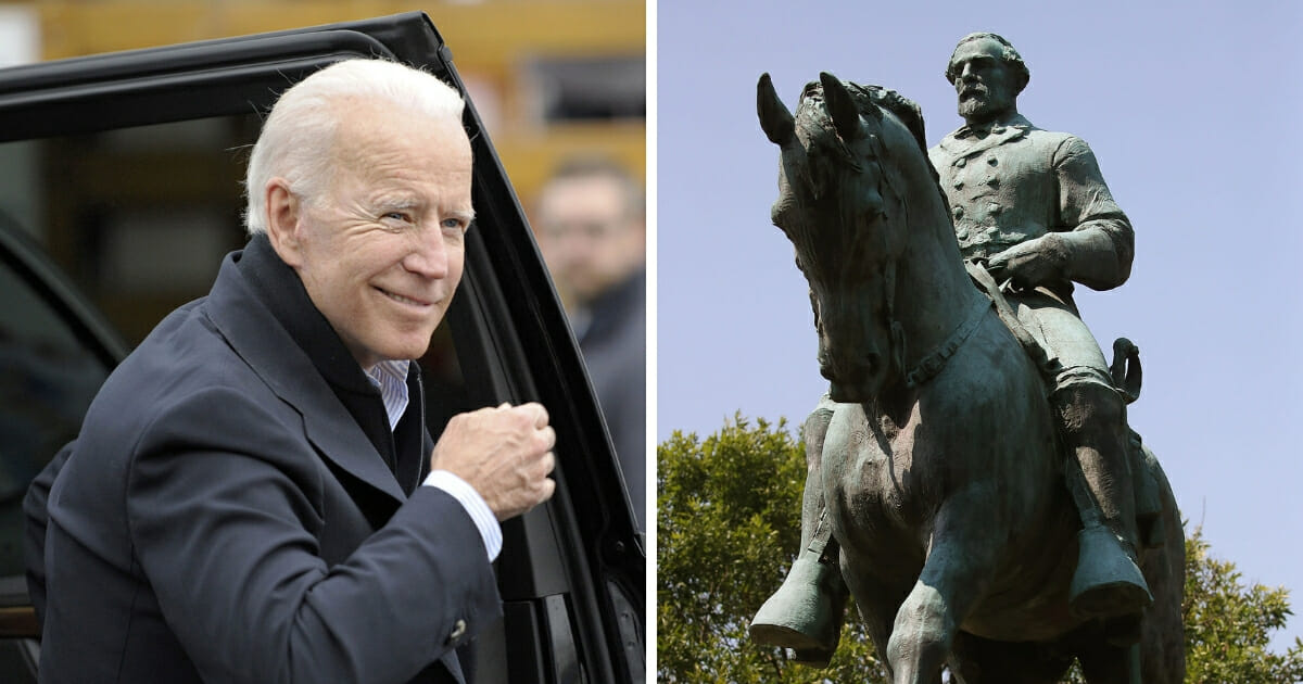 Former Vice President Joe Biden, left; Robert E. Lee statue, right.