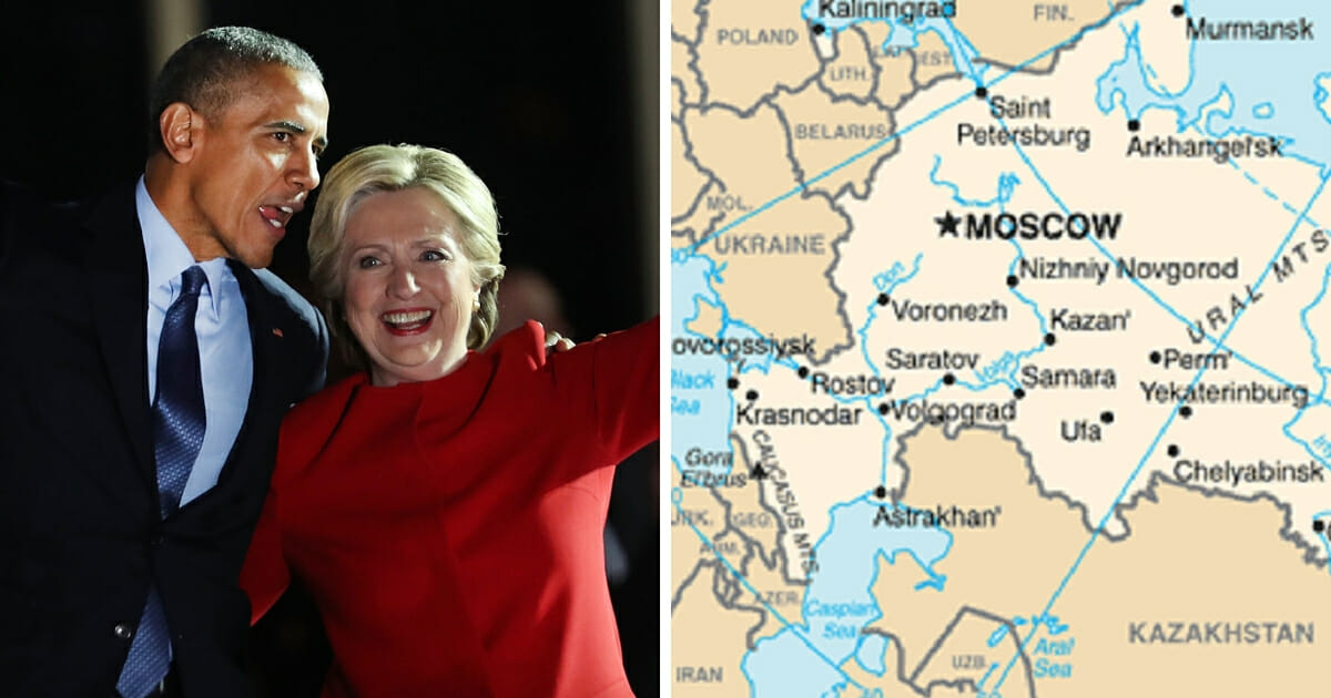President Barack Obama and Hillalry Clinton, left; right, a map showing western Russia and Ukraine.