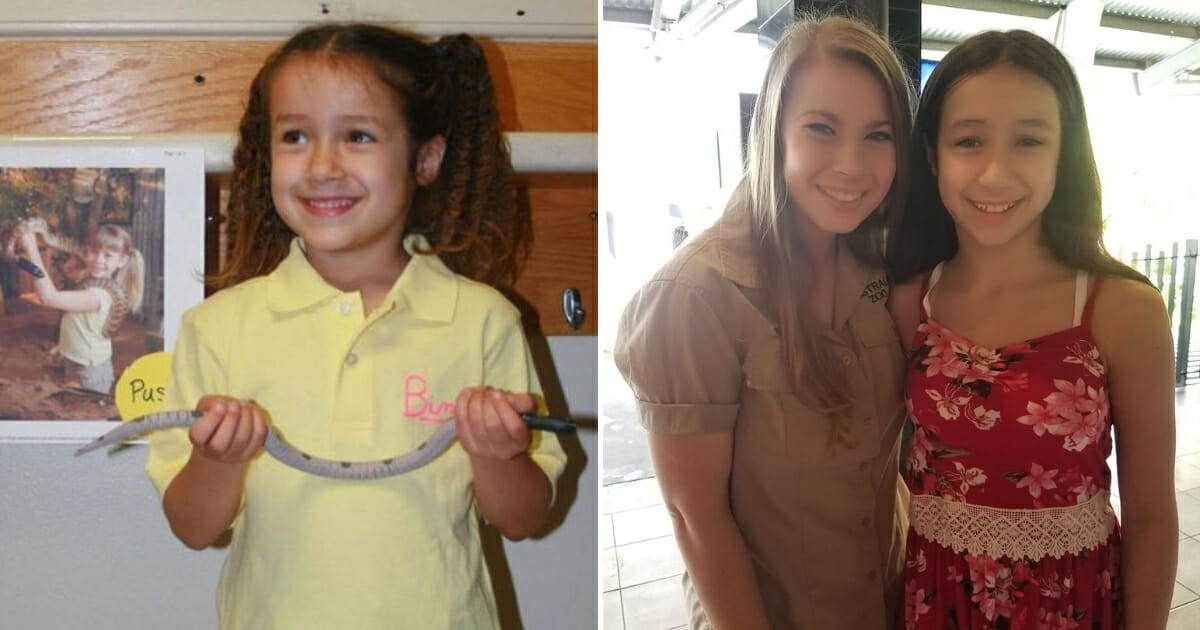 Little girl with snake, left, and her with Bindi Irwin, right.