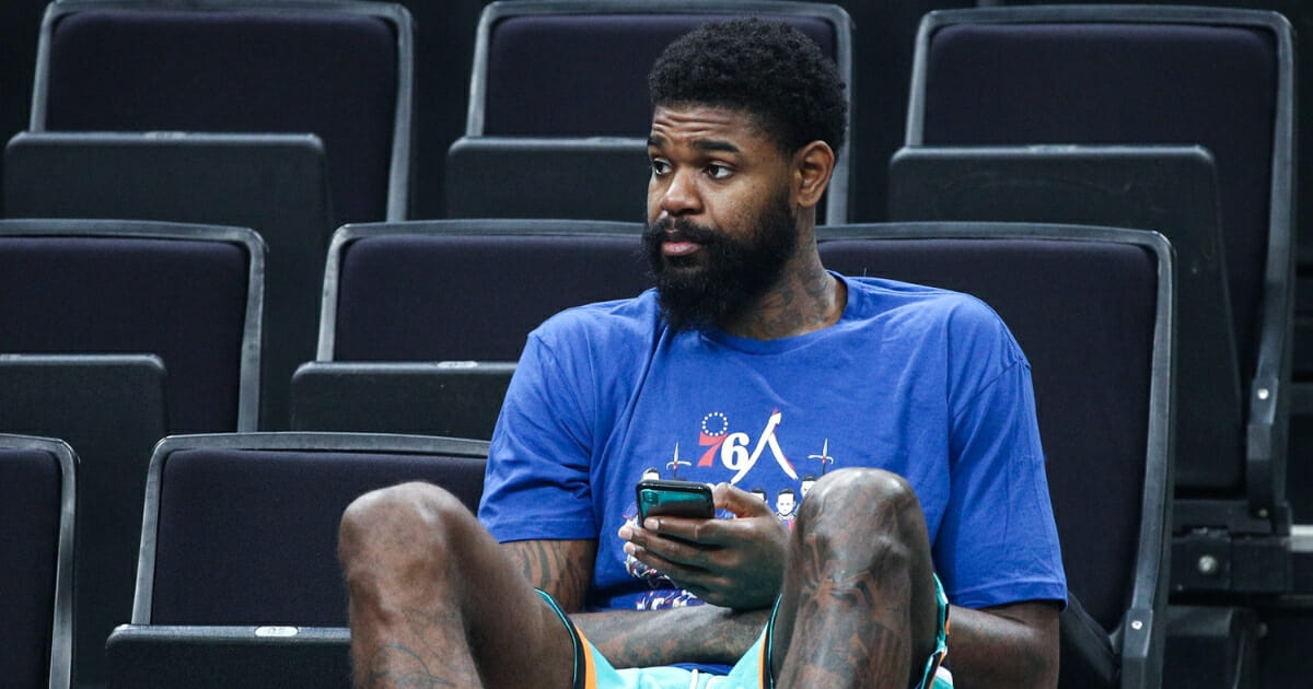 Amir Johnson of the Philadelphia 76ers looks on during practice as part of the 2018 NBA China Games at Universidade Center on Oct. 7, 2018 in Shenzhen, China.