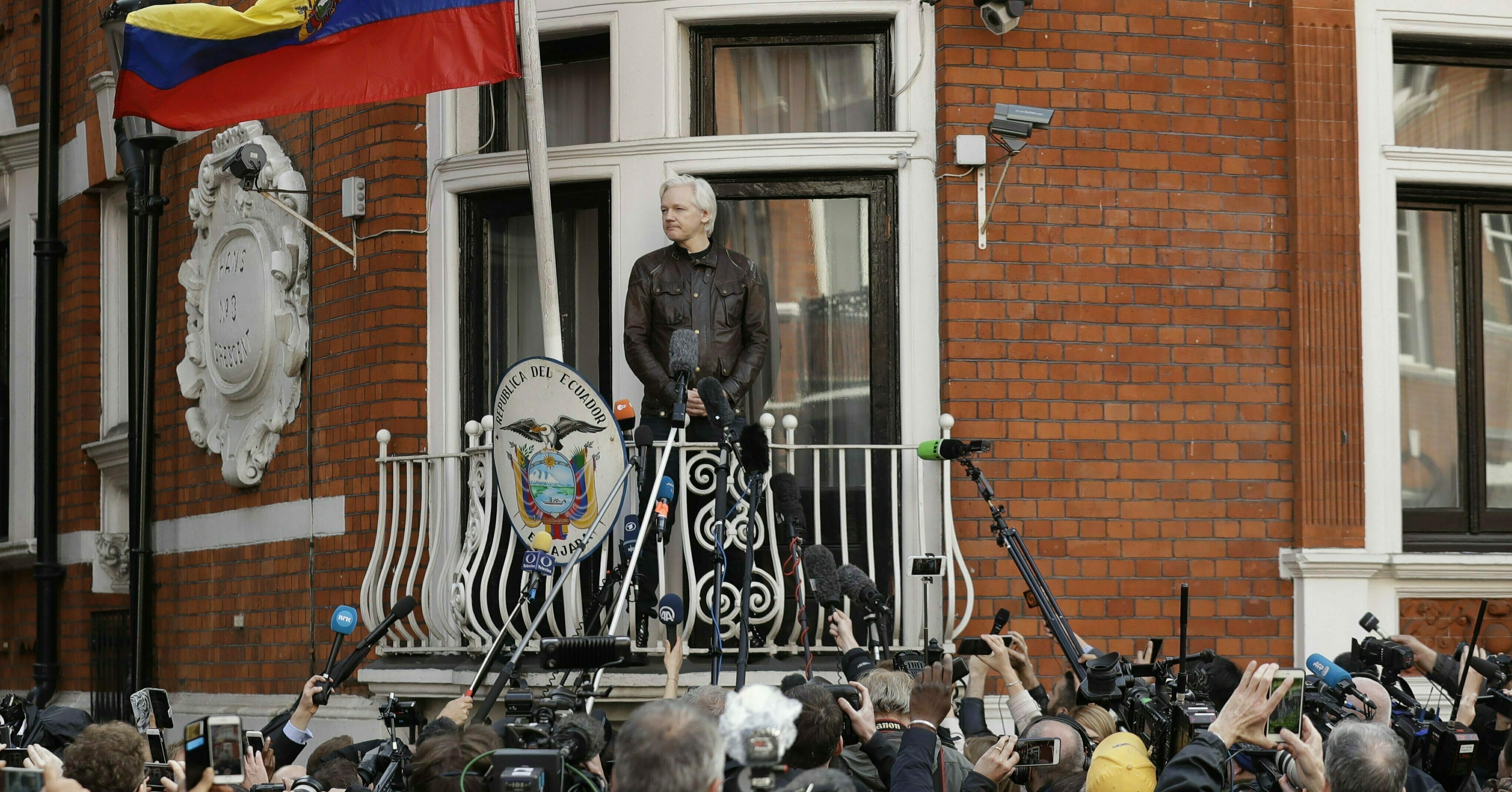 WikiLeaks founder Julian Assange looks out from the balcony of the Ecuadorian embassy May 19, 2017.