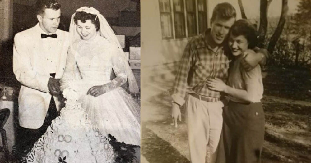 The Sloups' wedding, left, and a picture of the two of them together, right.