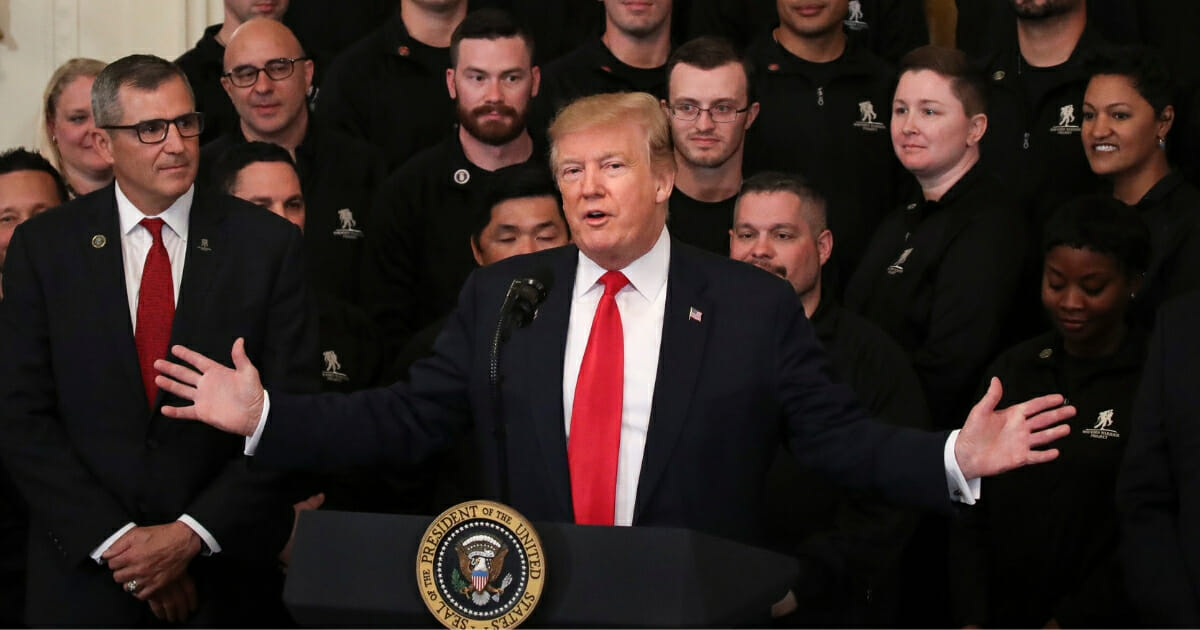 President Donald Trump speaks during an event recognizing the Wounded Warrior Project Soldier Ride in the East Room of the White House, April 18, 2019.