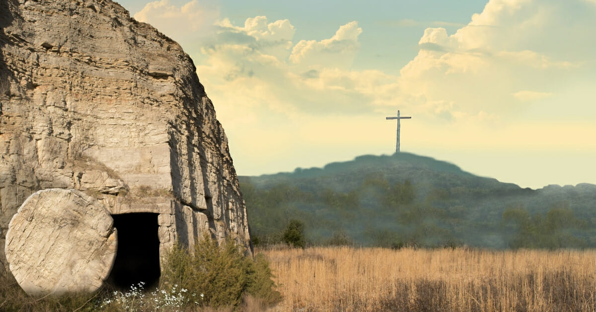 Scene with cross and empty tomb.