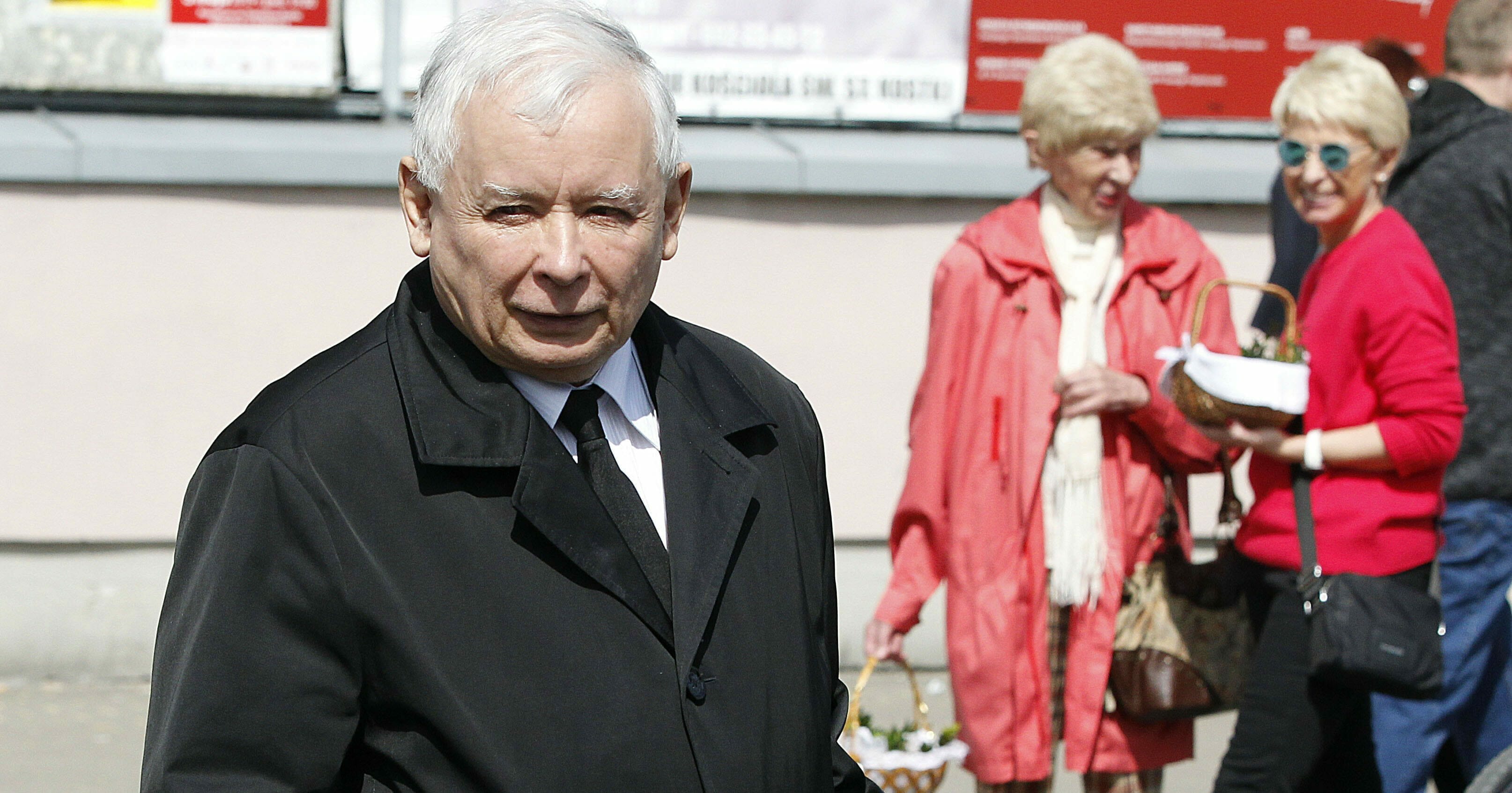 Jaroslaw Kaczynski, the leader of Poland's conservative ruling party, takes part in a Polish tradition of taking a basket to church for a blessing in Warsaw on Saturday, April 20, 2019.