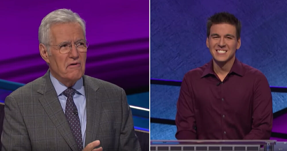 Alex Trebek, left, and Jeopardy winner, right.