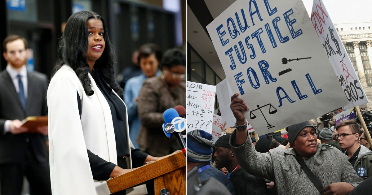 Cook County State's attorney Kim Foxx speaks with reporters / Protestors organized by the Fraternal Order of Police call for the removal of Cook County State's Attorney Kim Foxx on April 01, 2019 in Chicago, Illinois.