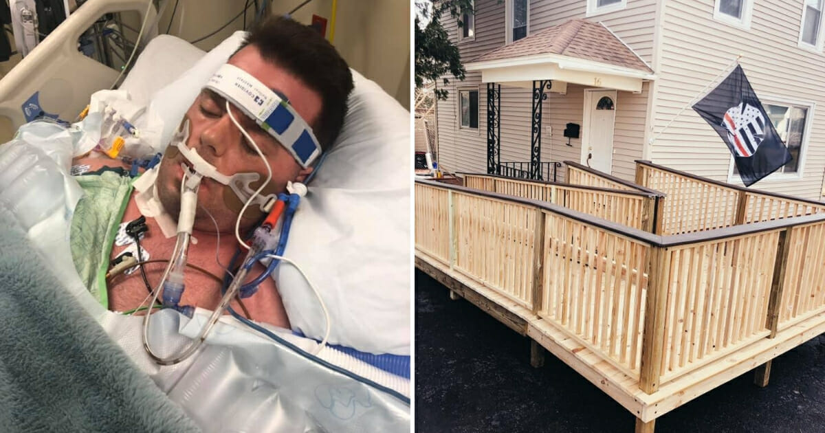 Man in hospital, left, and house with ramp, right.