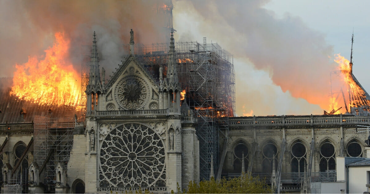 Fire rages through the iconic Notre-Dame Cathedral on April 15, 2019 in Paris, France.