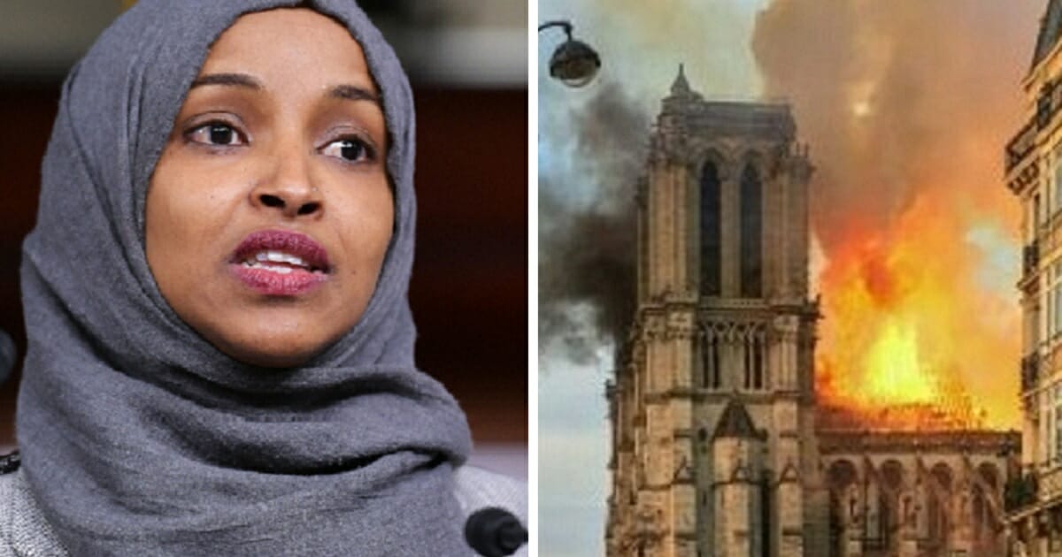 U.S. Rep. Ilhan Omar, left; the Notre Dame Cathedral fire, right.