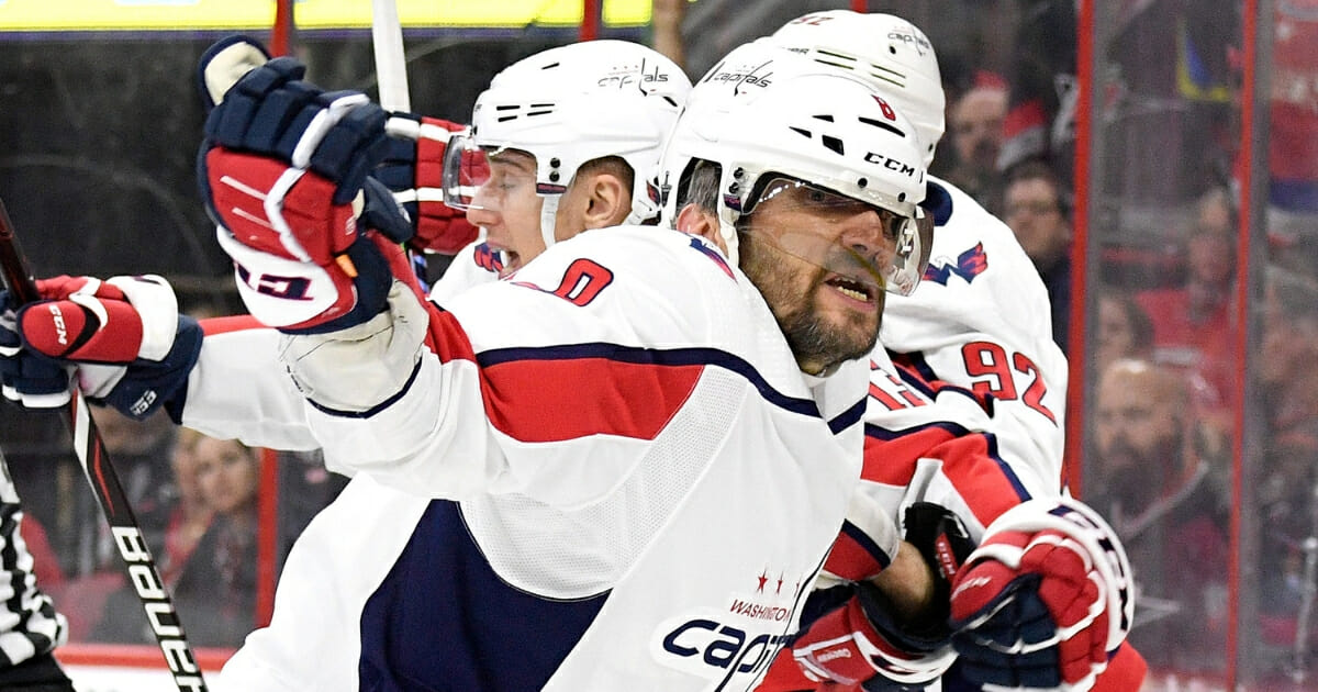 Alex Ovechkin of the Washington Capitals celebrates after an apparent goal in the third period of Game Six of the Eastern Conference First Round during the 2019 NHL Stanley Cup Playoffs at PNC Arena on April 22, 2019 in Raleigh, North Carolina.