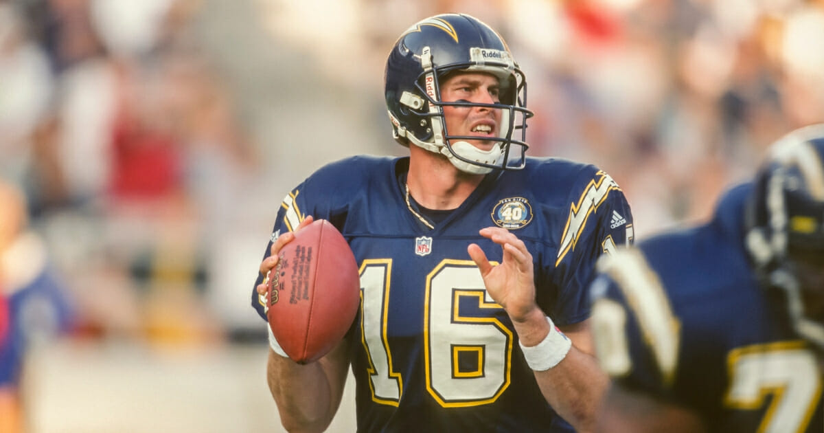 Ryan Leaf of the San Diego Chargers drops back to pass during an NFL football game against the Pittsburgh Steelers played on December 24, 2001 at Qualcomm Stadium in San Diego.