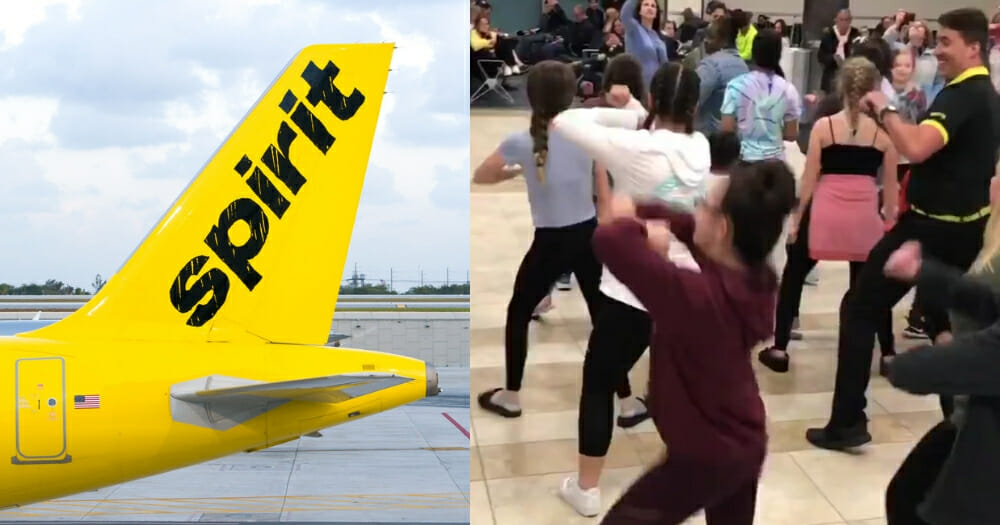 Airplane, left, and people dancing, right.