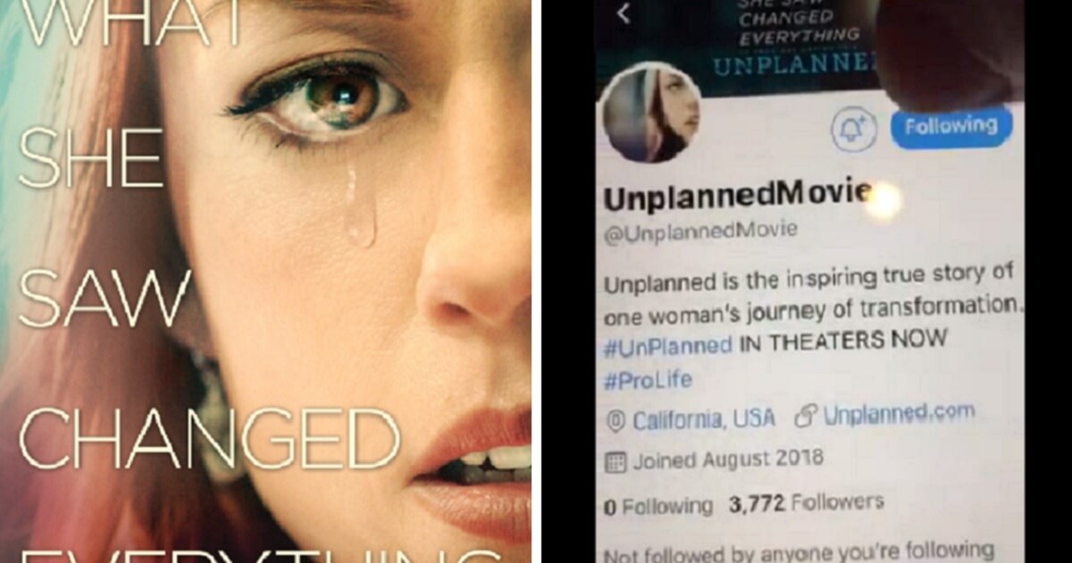Left, a portion of the movie poster for the pro-life film "Unplanned." Right, a clip from a video showing how Twitter users were unable to "follow" the move.