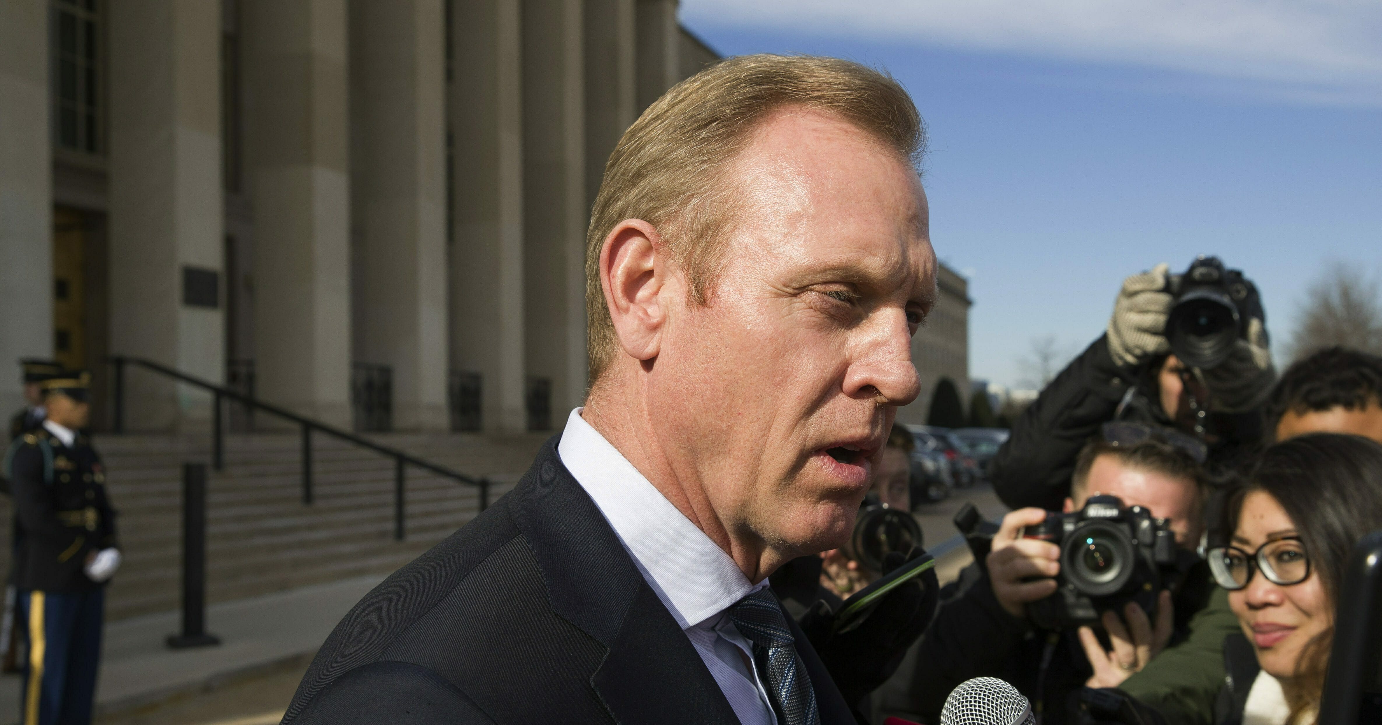 In this Jan. 28, 2019, file photo, acting Defense Secretary Pat Shanahan speaks with the media as he waits for the arrival of NATO Secretary General Jens Stoltenberg at the Pentagon in Washington.