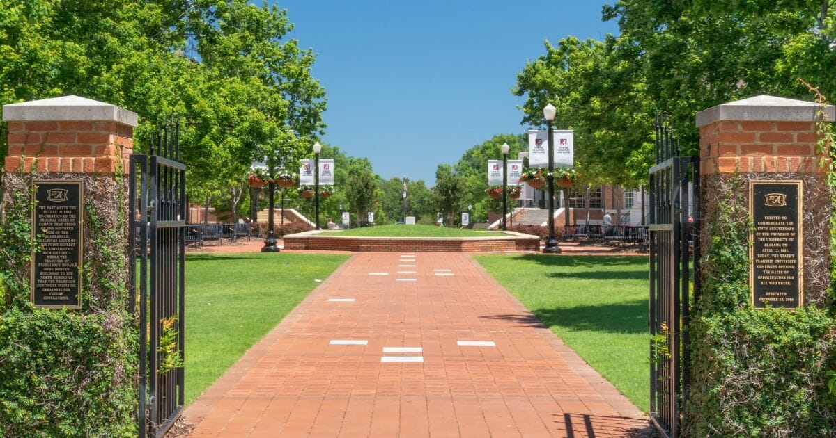 Historical campus gates at the University of Alabama in Tuscaloosa.