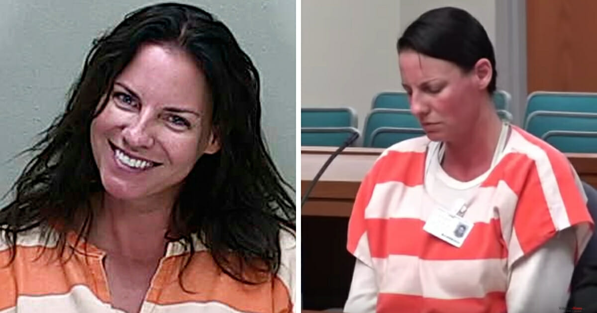 Angenette Welk in her smiling mugshot, left, and at sentencing, right.