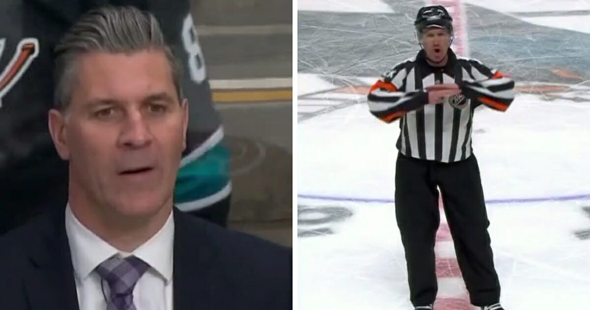 Colorado Avalanche coach Jared Bednar, left, and the referee overturning a goal.