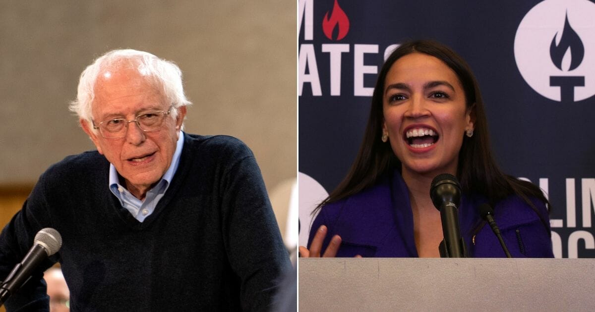 Democratic presidential candidate Sen. Bernie Sanders fields questions from audience members during a town hall at the Fort Museum on May 4, 2019, in Fort Dodge, Iowa, left. Rep. Alexandria Ocasio-Cortez (D-NY) speaks during a Congressional Iftar event at the U.S. Capitol May 20, 2019, in Washington, D.C., right.
