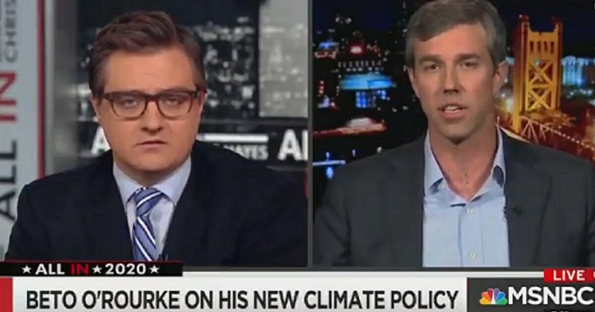 Democratic presidential contender and former congressman Robert Beto O'Rourke, right, appears Monday on MSNBC's "All In with Chris Hayes."