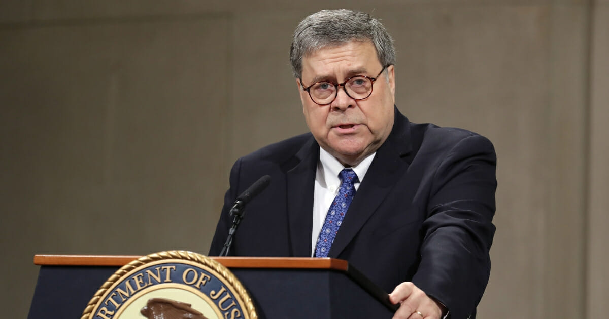 Attorney General William Barr delivers remarks during a farewell ceremony for Deputy Attorney General Rod Rosenstein at the Robert F. Kennedy Main Justice Building May 9, 2019 in Washington, D.C. (Chip Somodevilla / Getty Images)