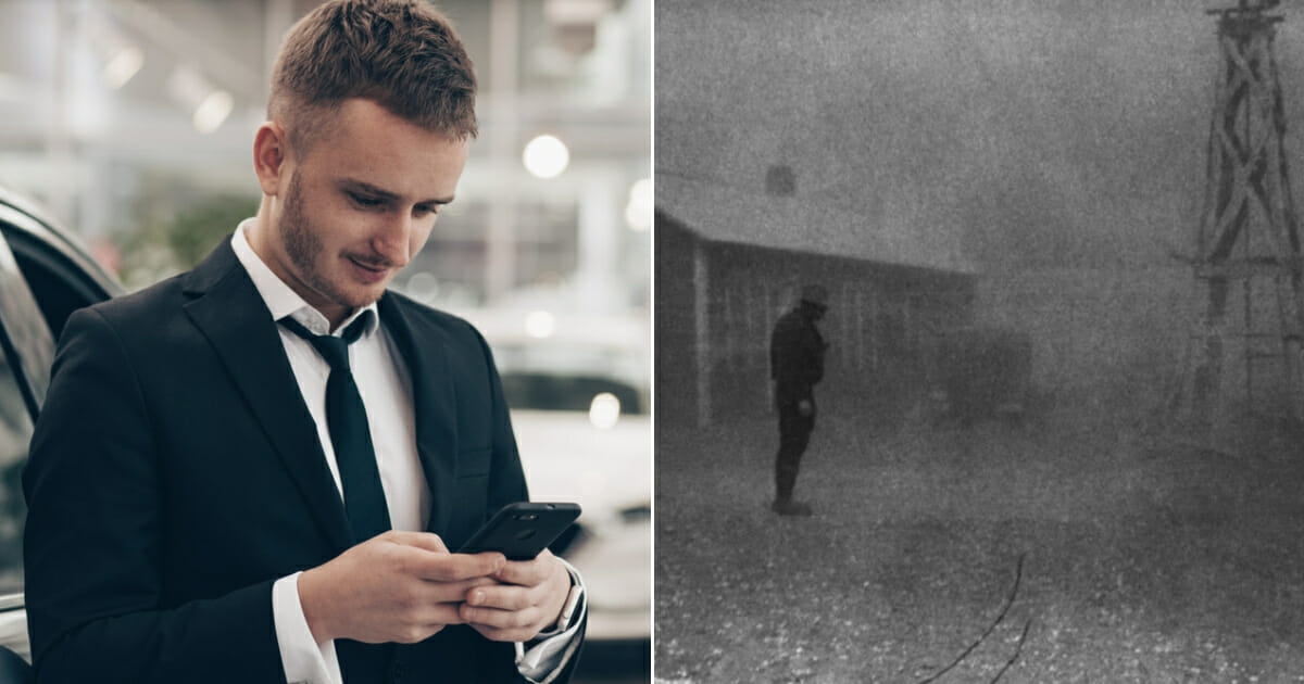A businessman uses his smartphone; a farmer stands in a New Mexico dust storm.