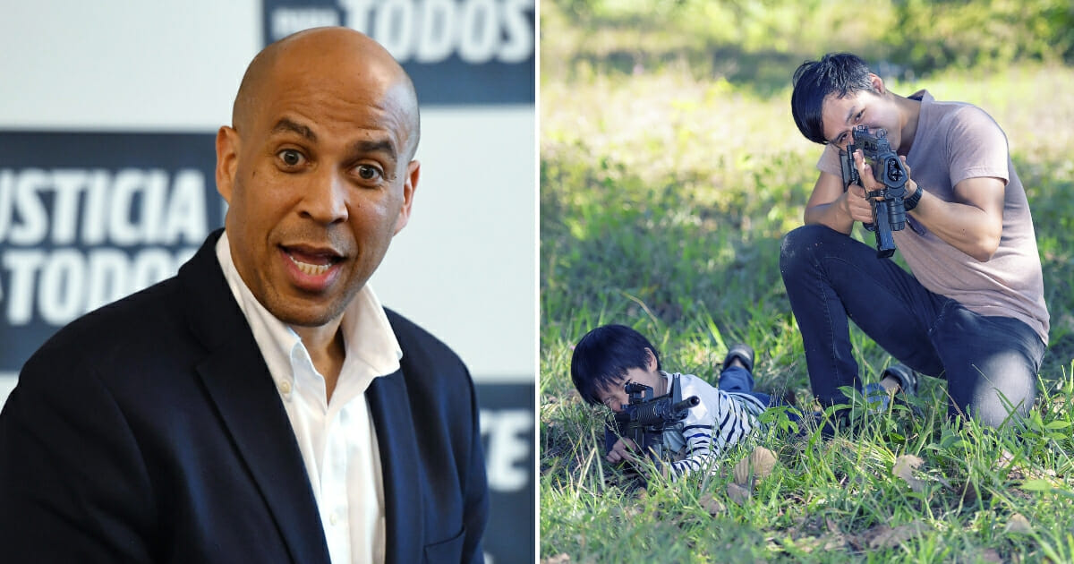 Sen. Cory Booker speaks during a meet-and-greet on April 18, 2019, in Las Vegas, Nevada, left. A father and son shoot in the woods, right.