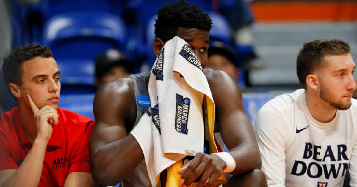 Deandre Ayton of the Arizona Wildcats reacts on the bench during a game against Buffalo on March 15, 2018, in Boise, Idaho.