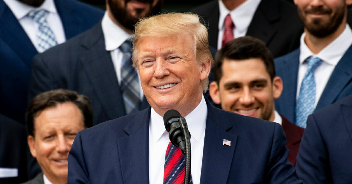 President Donald Trump speaks as he welcomes members of the Boston Red Sox during a visit to the White House in recognition of the 2018 World Series championship on May 9, 2019, in Washington, D.C.