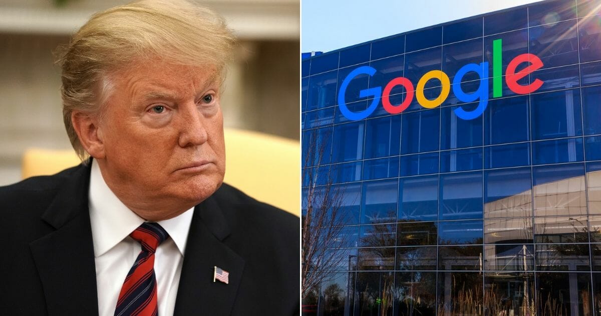U.S. President Donald Trump talks to reporters on May 3, 2019, left. Google headquarters in Mountain View, California, right.