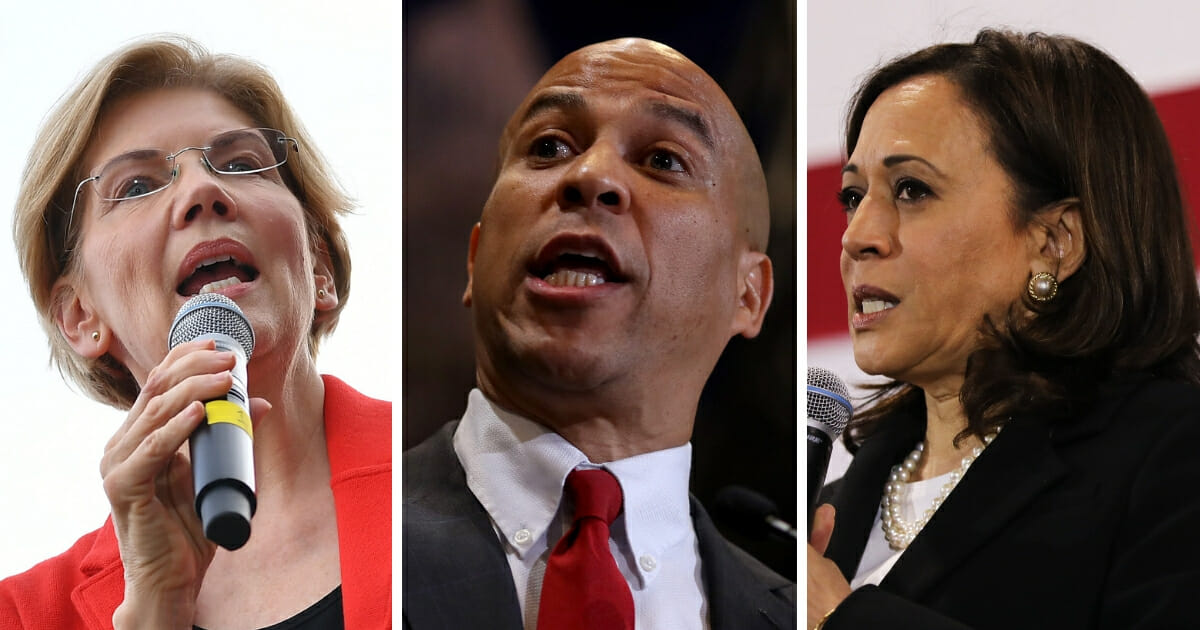 Elizabeth Warren, left, Cory Booker, center, and Kamala Harris, right, were amon the 2020 Democrat presidential candidates to insist that comments made by Robert Mueller should be the impetus for impeaching President Trump. (MANDEL NGAN / AFP / Getty Images; Win McNamee / Getty Images; Spencer Platt / Getty Images)