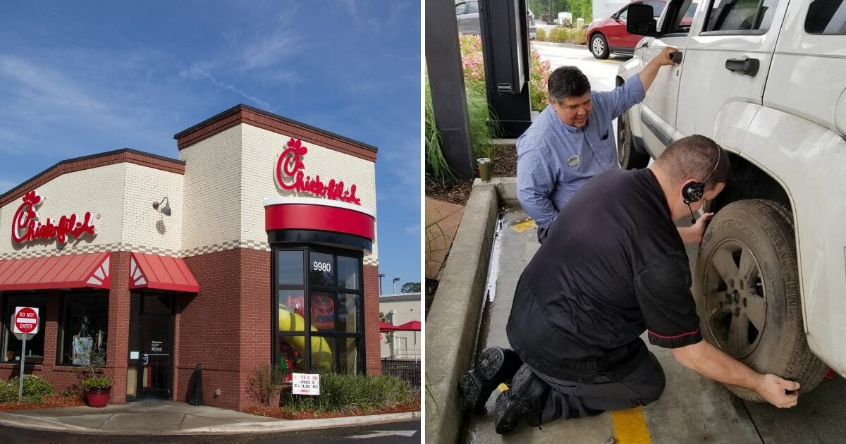 Chick-fil-A restaurant, left, and employees changing a tire, right.
