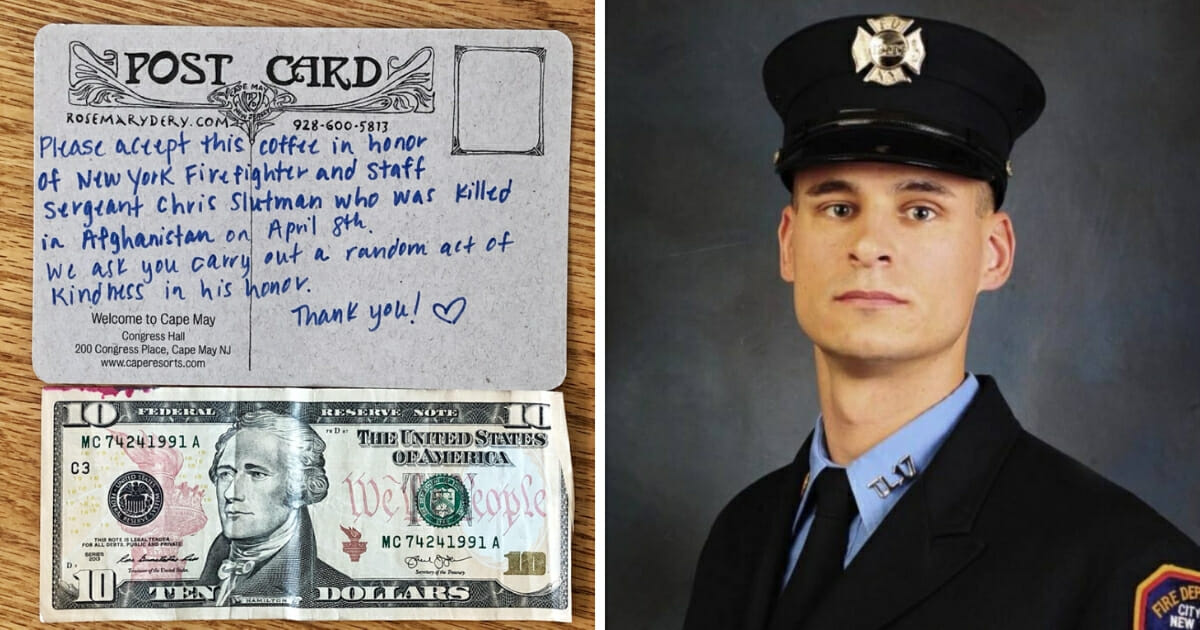 A picture of the postcard, left, and of the firefighter and marine, right.