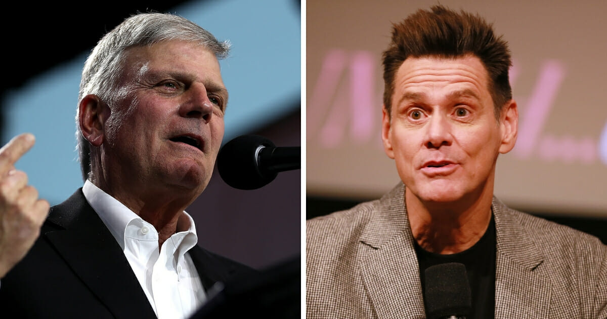The Rev. Franklin Graham, left, used a new pro-abortion painting from actor Jim Carrey, right, to expose the left's sickening stance on abortion. (Justin Sullivan / Getty Images; Leon Bennett / Getty Images)