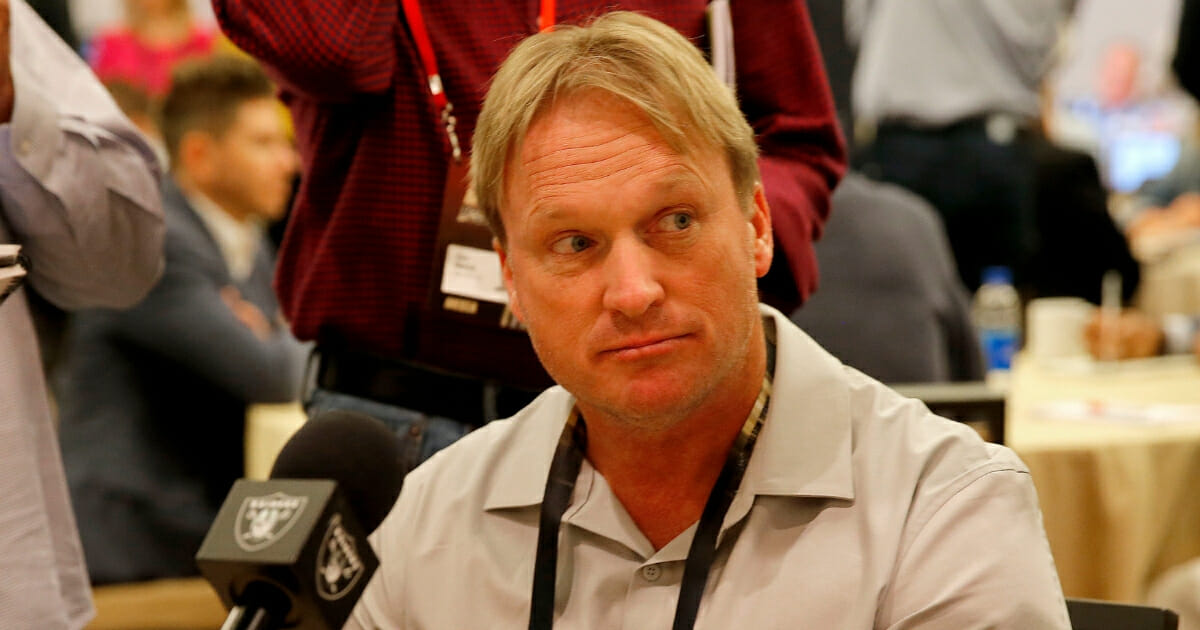 Oakland head coach Jon Gruden listens during the NFC/AFC coaches breakfast on March 26, 2019, in Phoenix.