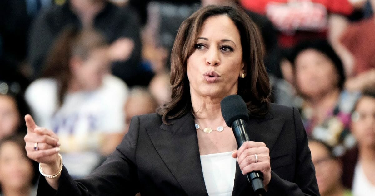 Democratic presidential candidate Sen. Kamala Harris addresses the crowd during her first campaign event at Los Angeles Southwest College on May 19, 2019, in Los Angeles.