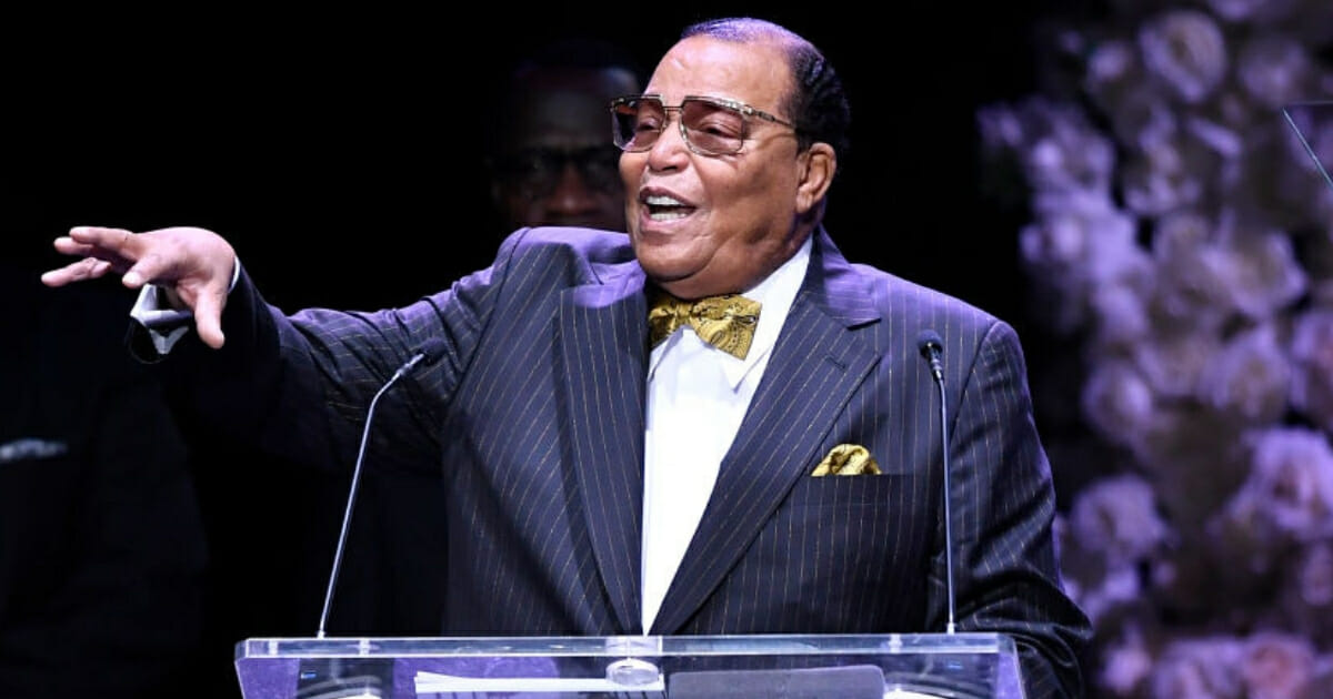 Louis Farrakhan speaks onstage during Nipsey Hussle's Celebration of Life on April 11, 2019, in Los Angeles.