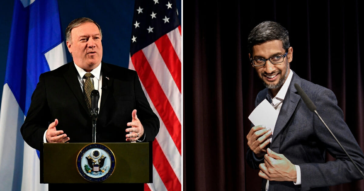 Secretary of State Mike Pompeo speaks on Arctic policy at the Lappi Areena in Rovaniemi, Finland on May 6, 2019, left. Sundar Pichai, CEO of Google, arrives before the festive opening of the Berlin representation of Google Germany on Jan. 22, 2019, in Berlin, Germany, right.