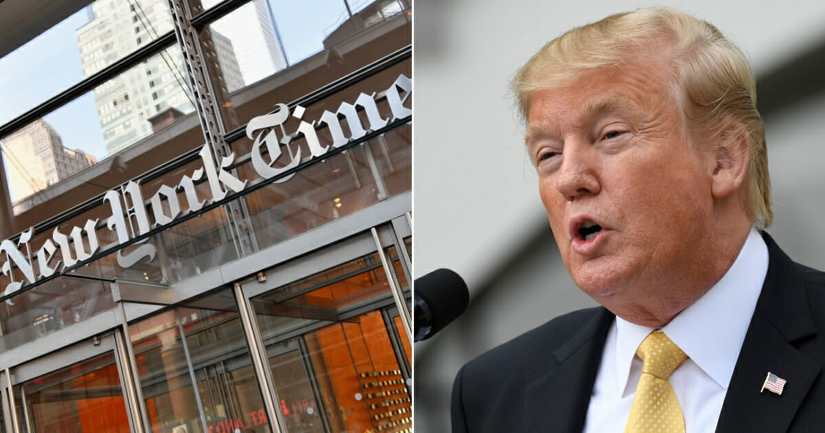 The New York Times building; President Donald Trump