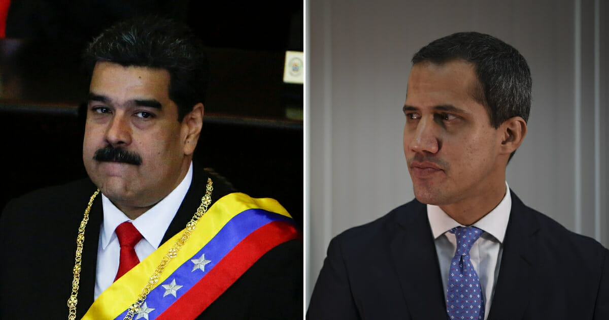 Nicolás Maduro looks on before talking to judges and members of the Supreme Justice Tribunal on its annual opening day of sessions on Jan. 24 in Caracas, Venezuela, left. Venezuelan opposition leader and self-declared president Juan Guaido offers an interview to AFP in Caracas on May 6, 2019, right.