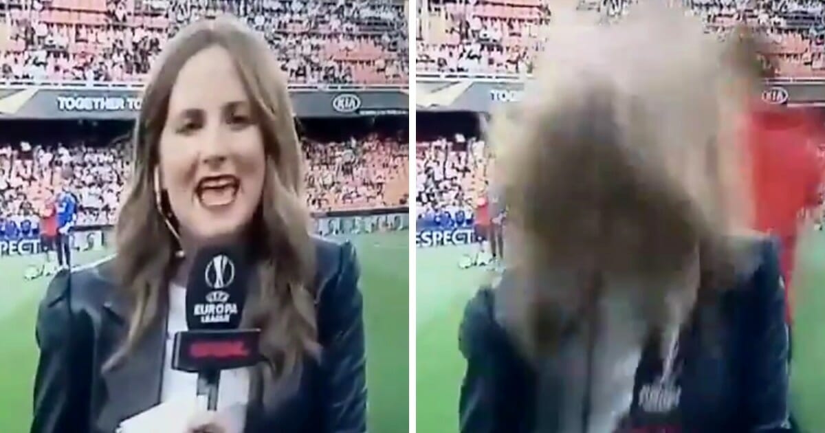 Gol TV's Monica Benavent is hit on the head during a soccer broadcast.