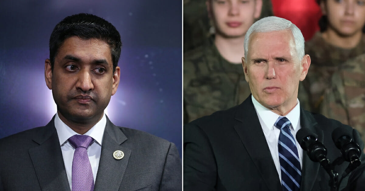 Rep. Ro Khanna (R-Calif.) participates in a news conference to introduce the Ending Secrecy About Workplace Sexual Harassment Act in the U.S. Capitol Visitors Center Dec. 18, 2017 in Washington, D.C., left. U.S. Vice President Mike Pence speaks while visiting Polish and U.S. soldiers at a military base on Feb. 13, 2019 in Warsaw, Poland, right.