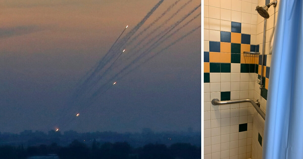 Rockets fired into Israel from the Hamas-run Palestinian enclave of Gaza, left, and an empty shower, right.