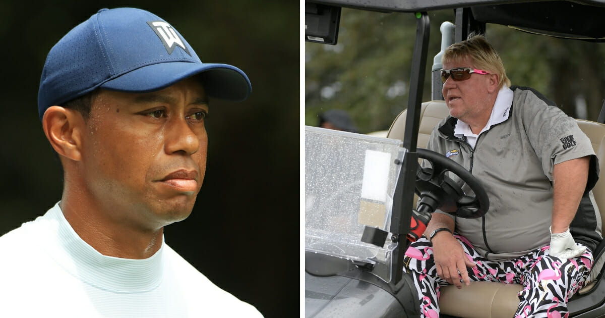 Tiger Woods, left, and John Daly in a cart, right.